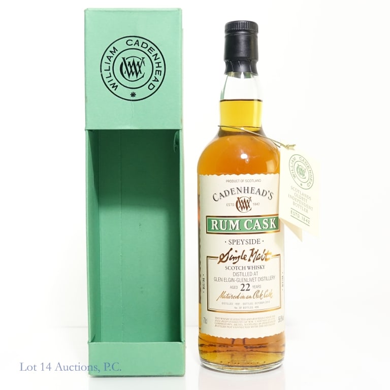 Cadenhead's Rum Cask SM Scotch Limited Run 22 Yr: William Cadenhead's Rum Cask Speyside single malt Scotch whisky - limited run of 498 bottles. Glen Elgin-Glenlivet Distillery. 22 years (Distilled 1991 - Bottled October 2013). 56.8% ABV (113.6 proof)