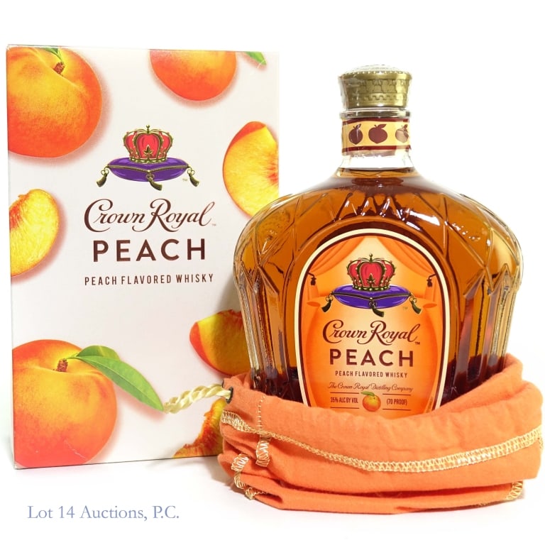 Crown Royal Peach Canadian Whisky: Crown Royal Peach Flavored Canadian Whisky, 70 Proof, 750 ml, Original box and bag included.