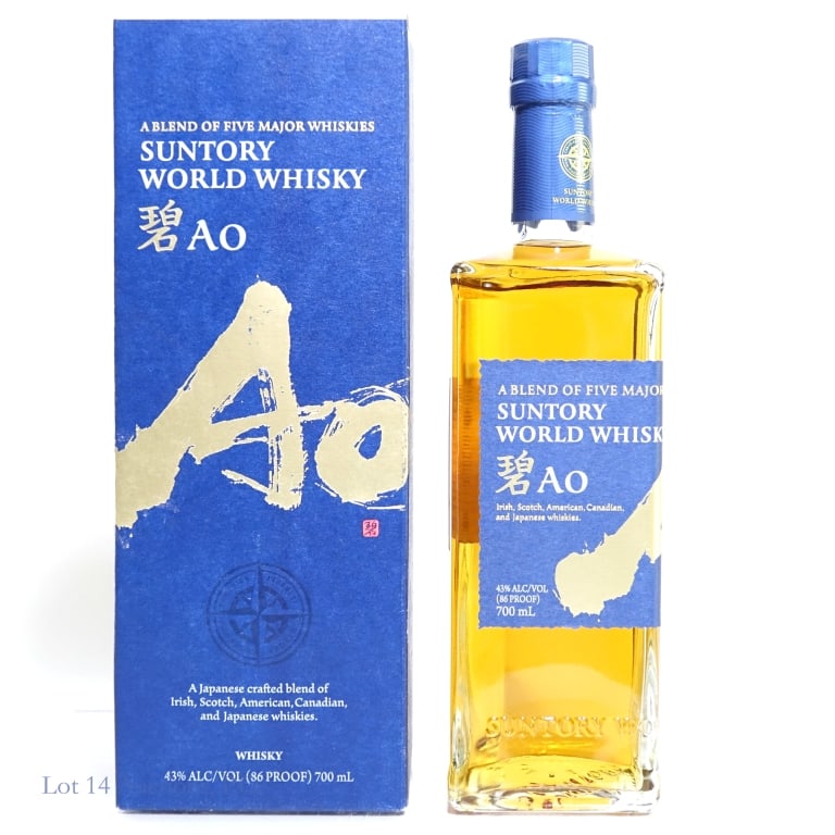 Suntory AO World Whisky: Suntory Brand AO World Whisky. This whisky is a blend of 5 whiskies from around the world (Canadian, American, Japanese, Irish, and Scotch). 86 Proof, 700 ml. Box included, bottle and box in good cond