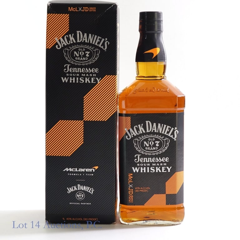 Jack Daniel's SB Whiskey McLaren Formula 1 - 2023: Jack Daniel's SB Whiskey McLaren Formula 1, 2023 Edition. 1 Liter, 80 proof. With box. Box has some creasing.