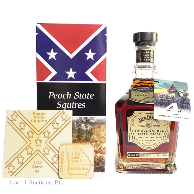 Jack Daniel's Peach State Squires SB Rye (2020): Jack Daniel's Single Barrel Rye Tennessee Whiskey (2019), Specially Selected for: Peach State Squires, Barrel #4. 94 Proof, 750 ml, Bottled: 11-2-20. Box, Metal Peach State Squires 2019 Barrel #4 neck
