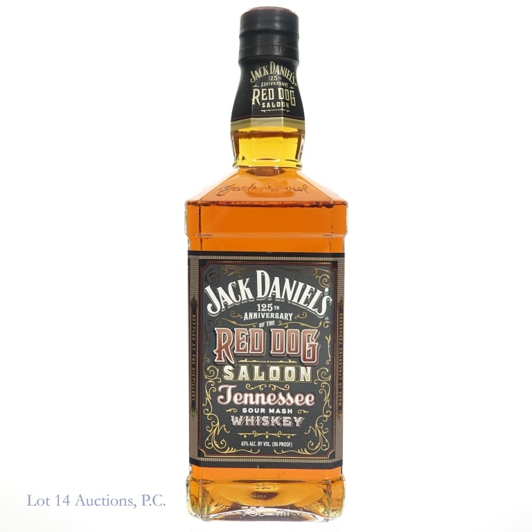 Jack Daniel's Red Dog Saloon 125 Anniv.TN Whiskey: Jack Daniel's Red Dog Saloon 125th Anniversary Tennessee Whiskey, 86 Proof, 750 ml, 125th Anniversary bottle, Bottle #RD035231, slight nicks on labels.