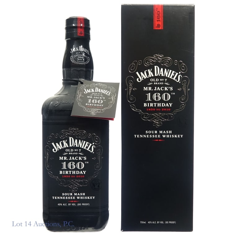 Jack Daniel's 160th Birthday Tenn. Whiskey (2010): Jack Daniel's 160th Birthday Tennessee Whiskey (2010), 80 Proof, 750 ml, Bottle #056288B. Box and neck tag included.