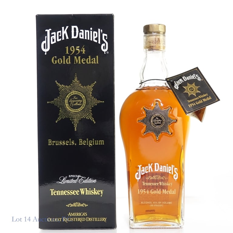 Jack Daniel's 1954 Gold Medal Whiskey: Jack Daniel's 1954 Gold Medal Brussels, Belgium Tennessee Whiskey, 90 Proof, 750 ml. Box included. Bottling Number 100736.