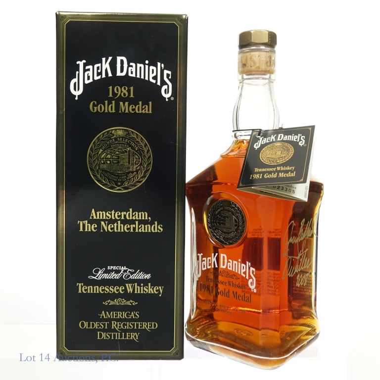 Jack Daniel's 1981 Gold Medal Whiskey Bedford Sgd: Jack Daniel's 1981 Gold Medal Amsterdam, The Netherlands Tennessee Whiskey, 90 Proof, 750 ml, Bottle #3351, Box included. Bottle is signed by Jack Daniel's Master Distiller Jim Bedford, 2008.
