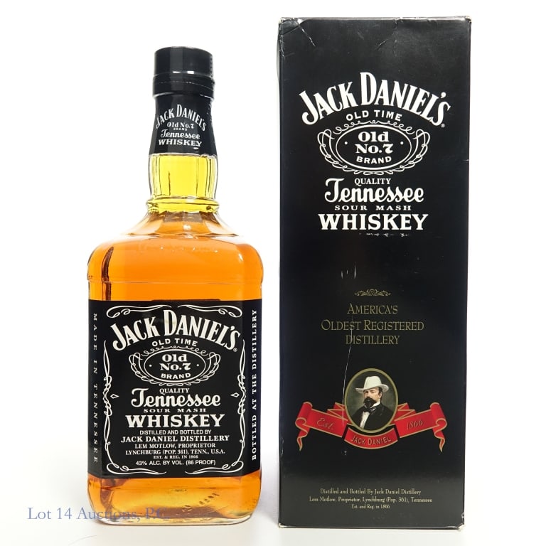 Jack Daniel's 1.75L Tenn Whiskey w/ Box: Jack Daniel's Tennessee Whiskey 1.75 Liter, (86 Proof) bottle with box. Box has some damage.