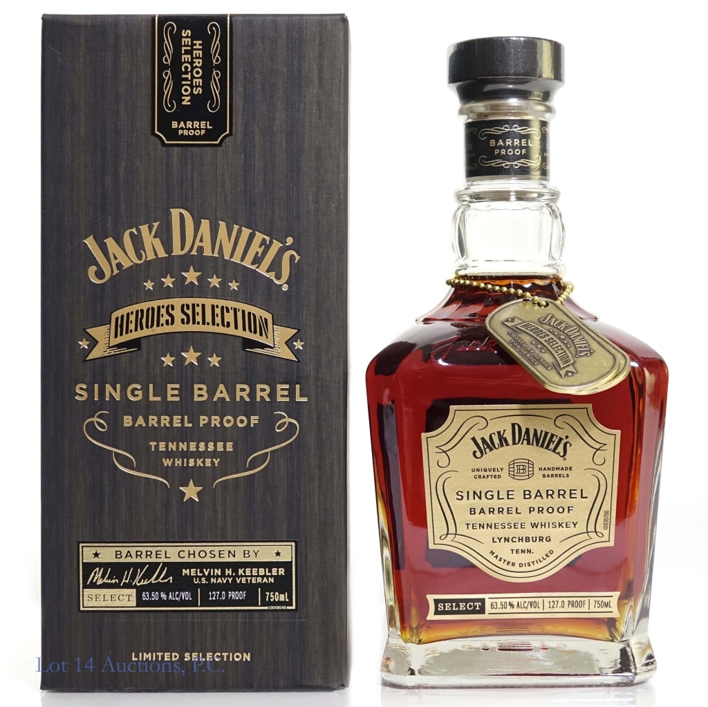 Jack Daniel's Heroes Selection BP Tenn. Whiskey: Jack Daniel's Barrel Proof Single Barrel Tennessee Whiskey (2021), 127 Proof, 750 ml, Heroes Selection chosen by Melvin H. Keebler. Bottled: 6 - 16 - 21, Barrel #21 -05649, "Heroes Selection" dog tags
