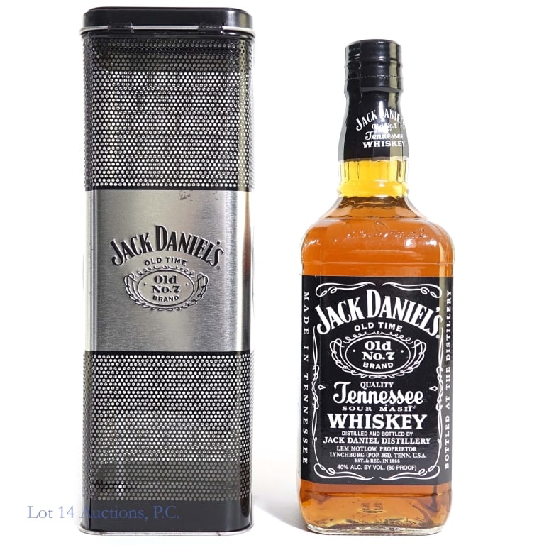 Jack Daniel's Tenn. Whiskey & Collectible Tin Box: One bottle of Jack Daniel's Tennessee Sour Mash Whiskey (750ml, 80 proof) in a 10''x3.5''x3.5'' tin mesh box.