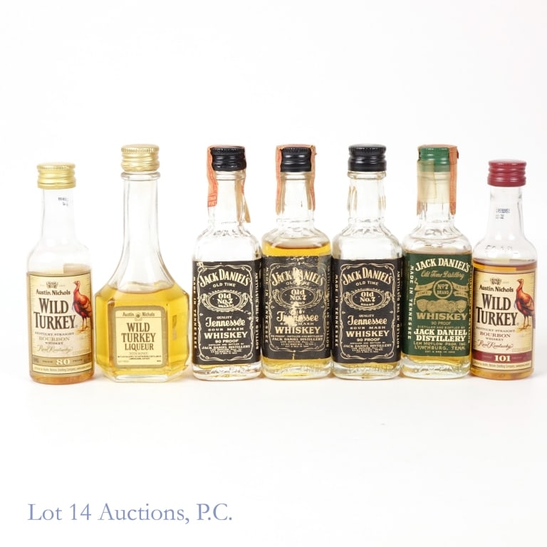 Jack Daniel's & Austin Nichols Mini Bottles (4+3): Jack Daniel's & Austin Nichols Mini Bottles. Includes: 4 Jack Daniel's Old No. 7 Tennessee Whiskey Bottles. 90 proof, 47.3 mL (1/10 pint). **** 2 Austin Nichols Wild Turkey Kentucky Straight Bourbon W