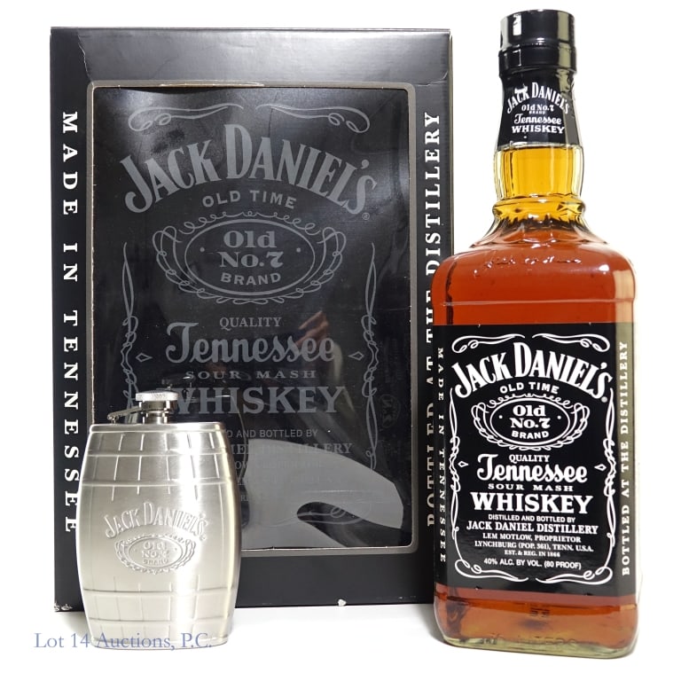 2008 Jack Daniel's TN 1.75 L Whiskey, Flask Set: 2008 boxed gift set with 80 proof, 1.75 Liter Jack Daniel's Tennessee Whiskey and Jack Daniel's screw-tom metal flask.