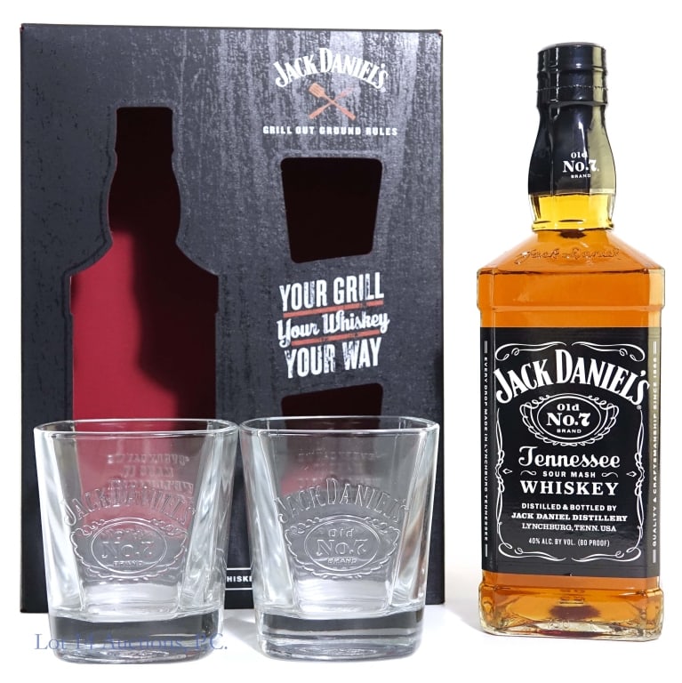 Jack Daniel's Grill Out Ground Rules Gift Set: Jack Daniel's gift set including one 750ml 80 proof bottle of Jack Daniel's Tennessee Whiskey and two rocks glasses engraved with the Jack Daniel's logo.