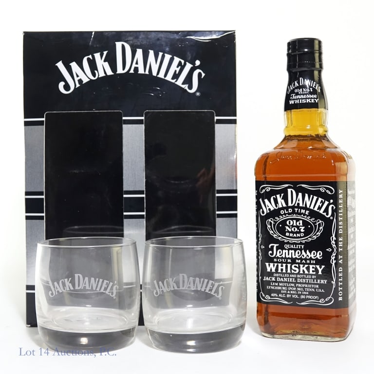 Jack Daniel's Old No. 7 Tenn Whiskey Gift Set: Gift set includes: One bottle of Jack Daniel's Old No. 7 Brand Tennessee Whiskey. 750 ml, 80 Proof. Also includes 2 Old No. 7 rocks glasses. Box included and slightly damaged.