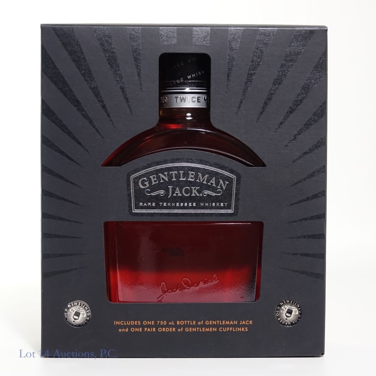 Gentleman Jack DM Whiskey "The Order Of" Gift Set: Gentleman Jack Double Mellowed Tennessee Whiskey, 80 Proof, 750 ml. Gift set also includes a pair of Order Of Gentleman cufflinks. Box included to house full set.