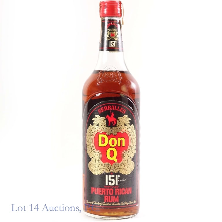 Don Q 151 Puerto Rican Over Proof Rum: Don Q 151 Puerto Rican Over Proof Rum, 4/5 quart. Labels are peeling a bit and the brown Puerto Rico tax strip is torn, but bottle appears sealed. Likely from the '60s or '70s. High shoulder fill.