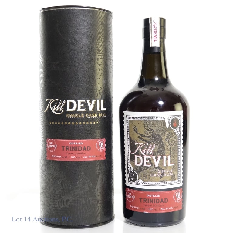 Kill Devil Sing Cask Rum - Limited Run (233 Bot): Kill Devil single cask rum . Caronei Distillery, Trinidad. 18 years. Distilled 12/98. Cask strength - 63.2% ABV (126.4 proof). 700 ml. Limited run of 233 bottles. Etch: L17 142 BB RUM0085. Original cy
