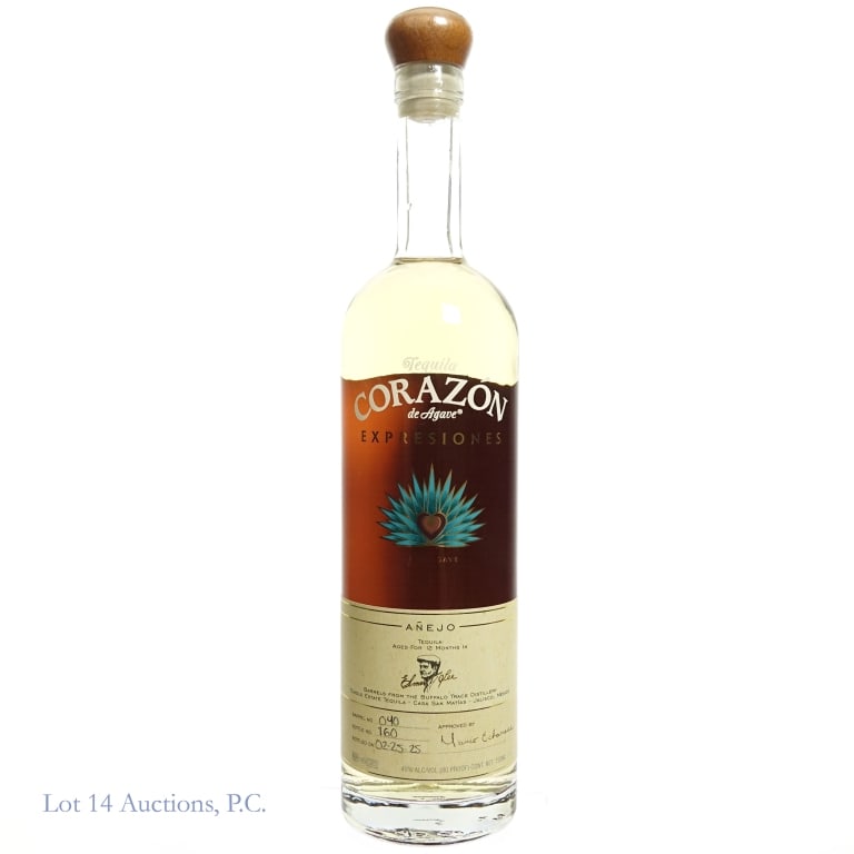 Corazon Expresiones Tequila Elmer T. Lee Barrel: Corazon de Agave Expresiones 100% agave anejo tequila. 12 months in Elmer T Lee barrels from Buffalo Trace Distillery. 80 proof. 750 ml. Barrel No. 040. Bottle No. 160. Bottled: 02-25-25.