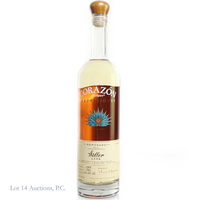 Corazon Weller C.Y.P.B. Barrel Reposado Tequila: Corazon Weller C.Y.P.B. Barrel Reposado Tequila. Rested for 9 months in Weller C.Y.P.B. Barrels. Barrel No. 59, Bottle No. 143. Bottled: 2 - 25 - 25. 80 Proof, 750 ml.