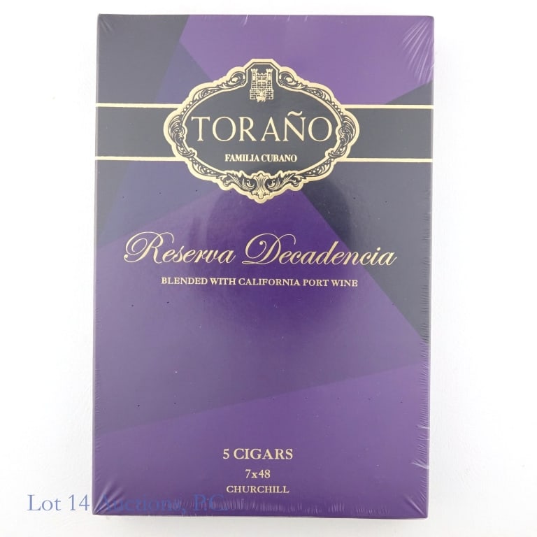 Torano Reserva Decadencia Cigars (5 Pack): Torano Reserva Decadencia Churchill Cigars (5 Pack) 1 (one) sealed box of 5 Torano Reserva Decadencia Churchill cigars. Dimensions: 7" x 48. Made in Nicaragua, blended with port wine. The box is / was