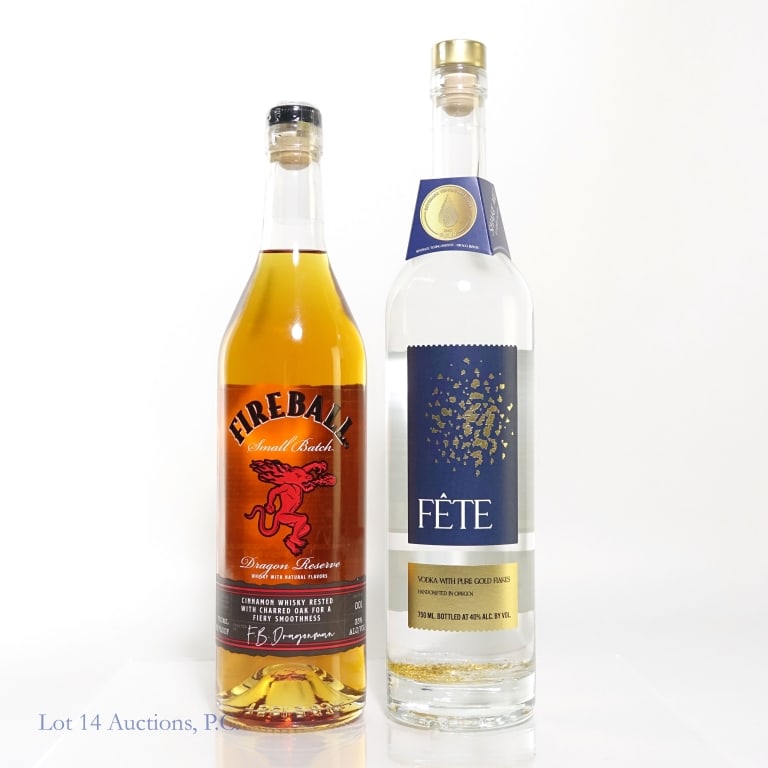 Fete Gold Flake Vodka & Fireball Cinnamon Whisky 2: Two (2) bottles: 1 - Fete Vodka, Handcrafted in Oregon, 750 ml, 40% Alc by Vol.. 2 - Fireball Cinnamon Small Batch Whisky - Dragon Reserve - Rested with charred oak. Batch 001, 33% abv (66 proof), 750