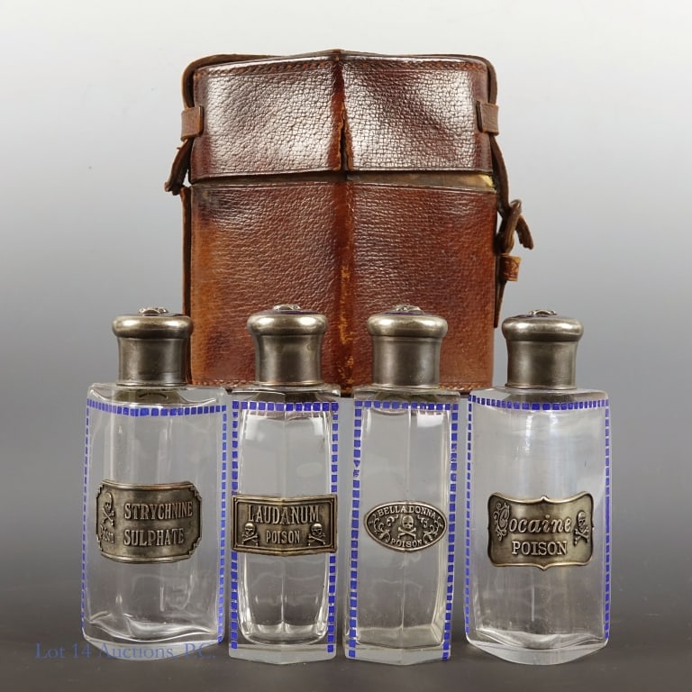 Laudanum Poison Bottles, Set of 4, Case, ca. 1800's, Silver