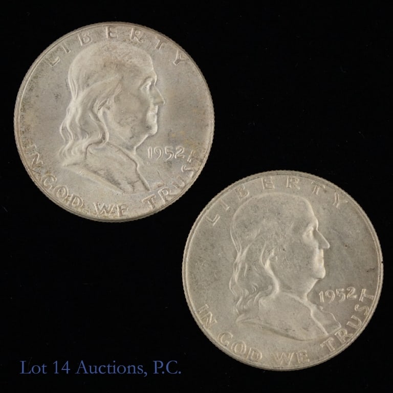 1952 & 1952d USA Silver Franklin 50c (CH BU) -2: Two (2) United States silver Franklin half dollars (Philadelphia, Denver Mints). Designer John R. Sinnock. Per consigner, pulled from original rolls in CH BU condition. Metal is 90% silver and weighs 