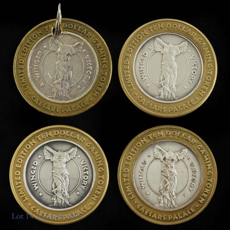 1966 99% Silver Caesars $10 Gaming Tokens -4: Four (4) 1966 United States 99.9% silver Caesars Palace casino limited edition $10 gaming tokens. Weighs about 1.2 ozt each token with casino gaming value of $50. Silver content confirmed on Lot 14 Au