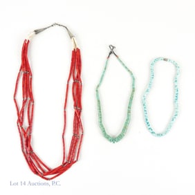 Turquoise, Coral Navajo Style Beaded Necklaces (3)