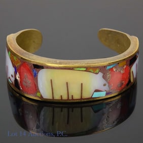 Turza Wells & Andrew Shows Carved Bear Inlay Bronze Cuff Bracelet