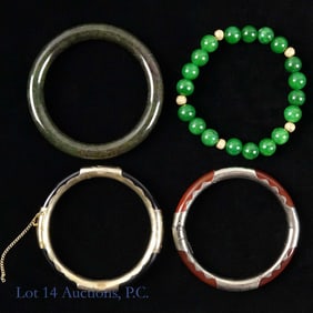 3 Bracelets: 2 Jade / Jadeite with Gold, 1 Sterling Silver