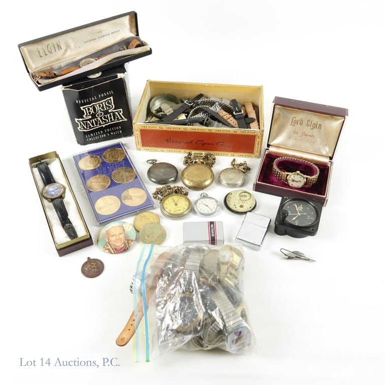 Watches / Grandfather's Drawer Lot, Lord Elgin Watch: (NOTE: Additional details added 9/25, 11:30am). Watches, pocket watches, NASA coins, watch parts for repair, and more. Most things show some signs of wear. See photos for details and condition. Lot in