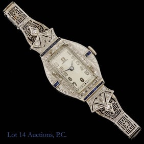 Omega Art Deco 14k W. Gold Ladies Watch Sapphires