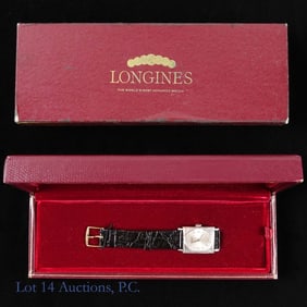 Longines 14k W. Gold Tank Men's Watch, Papers, Box