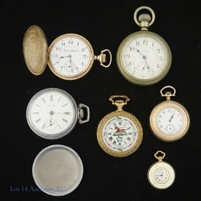 6 Pocket Watches - Waltham, Hampden, As Is