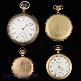 4 Pocket Watches, 1 Coin Silver, Parts / Repair