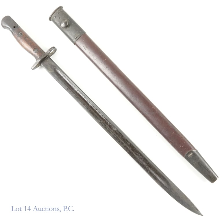 WWII Australian P1907 1944 Bayonet, 43 Mangrovite: 1944 Australian Model P 1907 bayonet with a 1943 Mangrovite scabbard. Hilt is marked SLAZ 44 and AUSTRALIA, Ricasso appears to have stamped: MA1907, 3 (or 5) 44. Reverse has a broad arrow and some ind