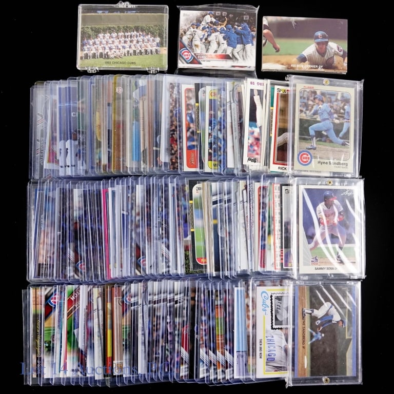 Chicago Cubs Cards (85): 85 individual player cards plus two team sets. Among the cards in this collection are 12 Ryne Sandberg cards including a very clean 1986 Fleer rookie card, 13 Anthony Rizzo cards, 11 Kris Bryant cards