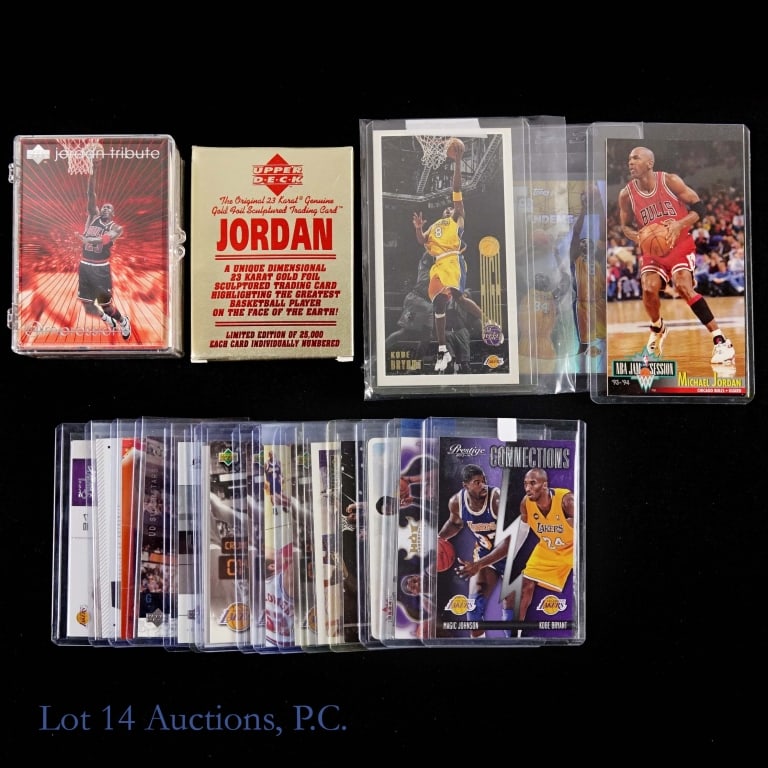 Michael Jordan & Kobe Bryant Basketball Cards (130): Over 130 cards of Kobe Bryant and Michael Jordan with the large majority of cards being of Michael Jordan. Among the treasures in this collection is a full set of Upper Deck 23 Karat gold foil Jordan