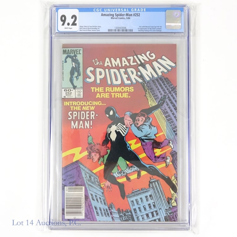 Amazing Spider-Man #252, Graded CGC 9.2, MARVEL: Amazing Spider-Man #252, Graded CGC 9.2, MARVEL. A CGC graded 9.2 Amazing Spider-Man #252. First appearance of Spider-Man's black costume; Cover art inspired by Amazing Fantasy #15. All items appear w