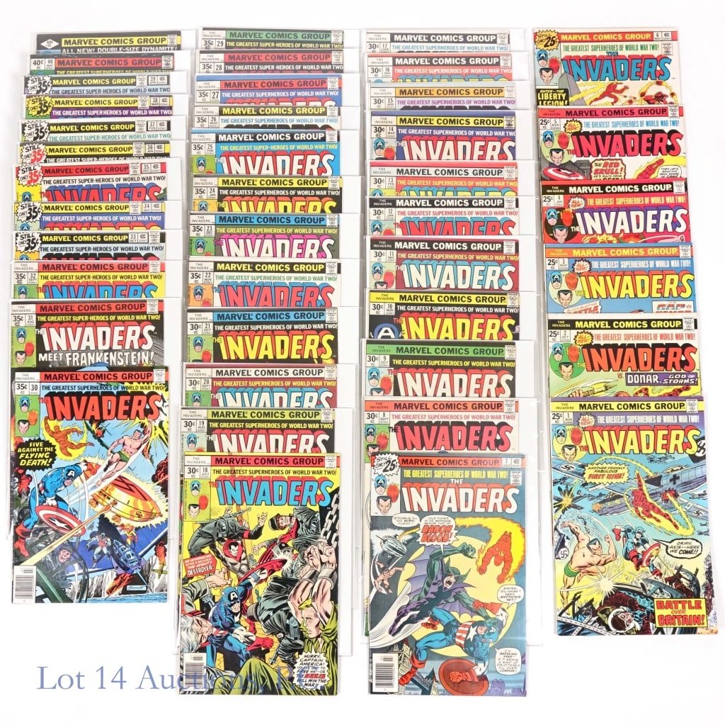 1975 Invaders Comics, Complete Run, Marvel (41): 1975 Invaders Comics, Complete Run, Marvel (41). Complete 1975-1979 run of The Invaders from Marvel publishing #1-41. Over 20 key issues. Items arrived and have been stored in bags with boards. No sta