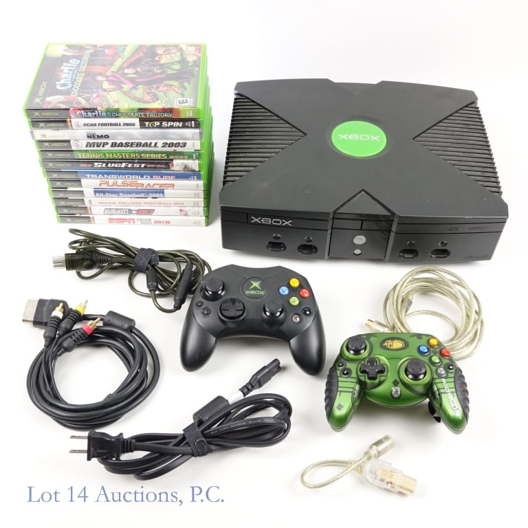 XBox Console & Games (12): XBox Console (Tested and working) & 12 Games. SN: 142403831233105. Includes: AC cable, AV cable, and 2 controllers. Games include: NCAA College Football 2K3, NCAA Football 2005, ESPN College Hoops 2K5