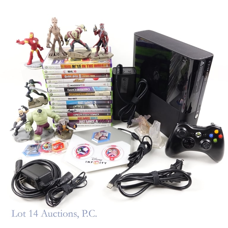 XBox 360 Console & Games (15): XBox 360 Console (Tested and working) & 15 Games. Model No. 1538. SN: 097855131843. Includes: AC adapter, computer cable, and 1 controller. Also includes a Disney Infinity Base with 16 game pieces. Ga