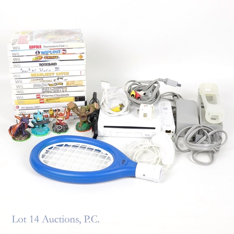 Nintendo Wii System, Games (15), Accessories: Nintendo Wii Console (Tested and working) White RVL-10, tested and working per consignor. Wii games include: ABC Wipeout 2, Nerf N-Strikes, Rapala Tournament Fishing, Rock Band (2), Alvin and the Chip