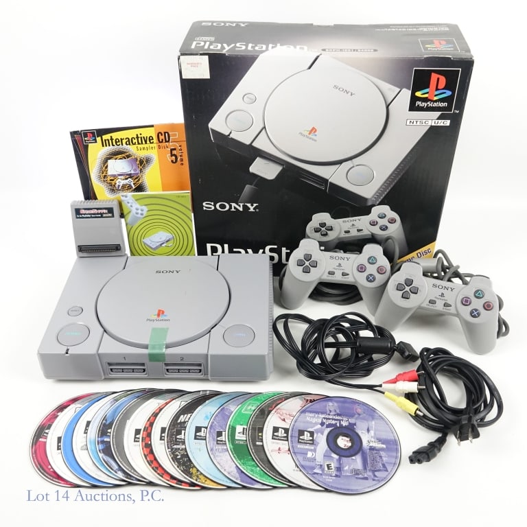 PlayStation 1 Console CIB & Video Games (18): PlayStation 1 Console - Complete in Box (CIB) & 18 Games. (Tested and working). Model No. SCPH-9001. SN: U2110500. Complete, including: AC cable, AV cables, 2 controllers, 2 manuals, and a GameShark. 