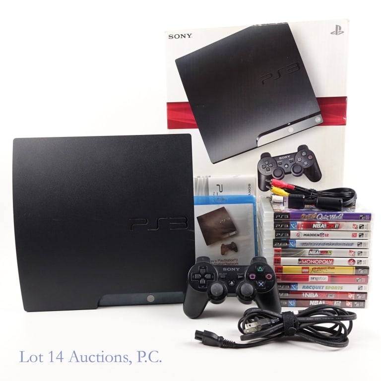 PlayStation 3 Console & Games (11): PlayStation 3 Console (Tested and working) & 11 Games. Model No. CECH-2001A. SN: CG160946620. Includes: AC cable, AV cables, 1 controller, manuals, and instruction disc. All items come in original box