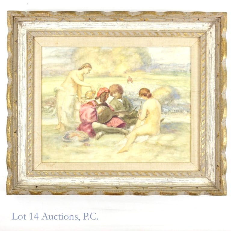 Unique Unsigned Watercolor Painting: Watercolor painting drawing on Renaissance painting styles. A detailed and beautiful piece. May need to be reframed but appears stable. Piece is 17.5 x 13.5", frame is 24.75 x 21".