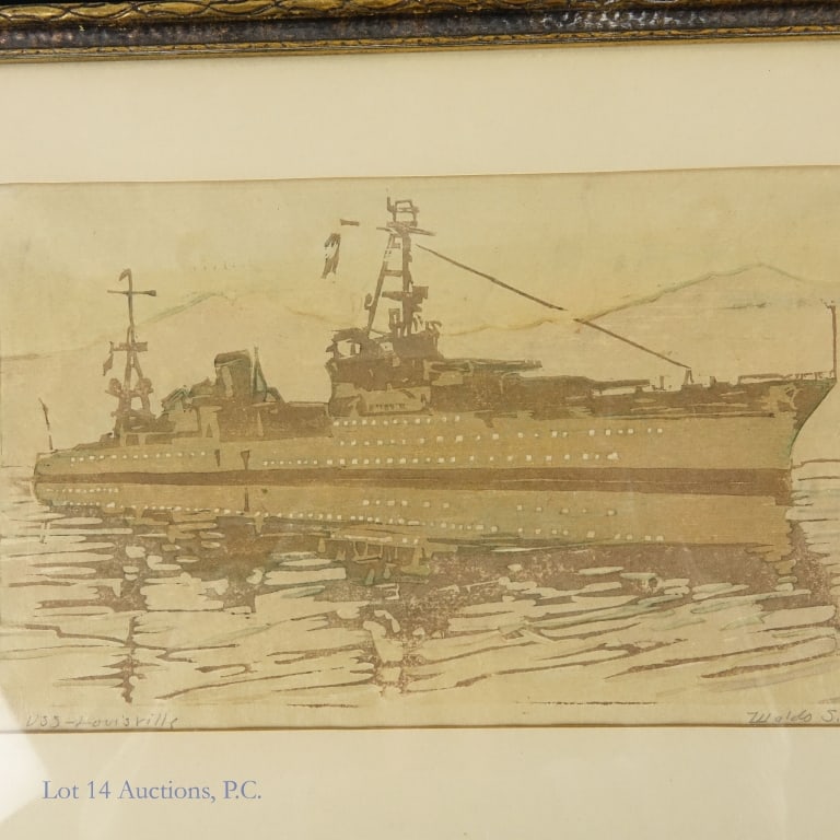 Waldo S. Chase (1895 - 1988) Woodblock USS Louisville, Signed: Woodblock of the USS Louisville signed by artist Waldo S. Chase (1895 - 1988). Piece is framed and shows no signs of wear/damage. Frame is approx. 14" by 10," woodblock is approx. 10" by 6." Frame inc