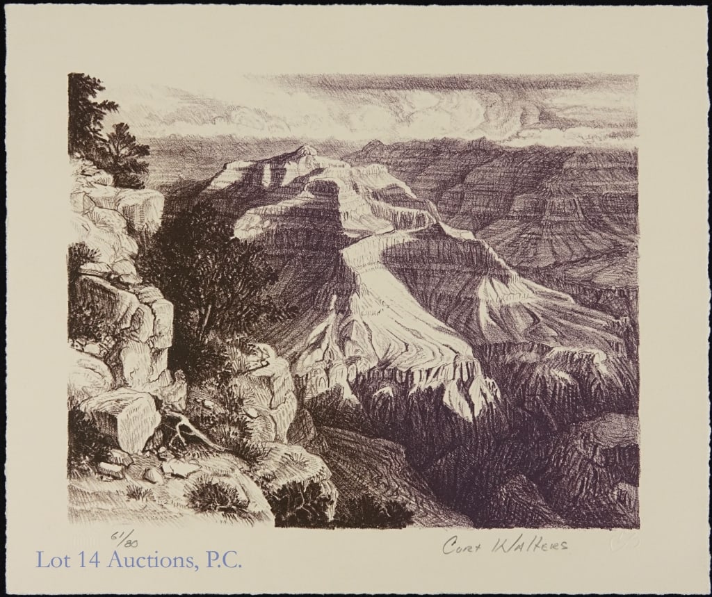 Signed Curt Walters Grand Canyon Print: Signed Curt Walters Print of the Grand Canyon, print 61/80. Label on the back reads "buff Arches." Print is embossed with logos. Whole paper is approx. 11" by 10," print is approx. 9" by 8." Shows no