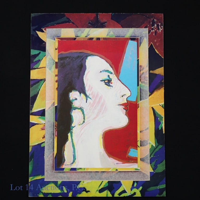 Abstract / Pop Art Print Andy Warhol Style: Print depicting a woman's face in profile, matted with abstract designs. About 16.75 x 22.75".