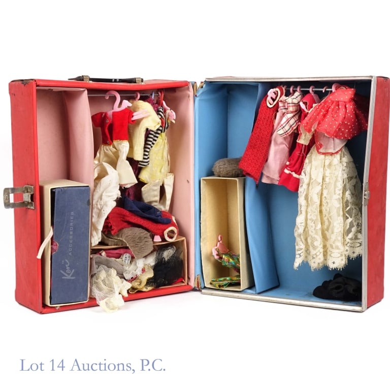 1963 Barbie & Ken Doll Case / Accessories: A vintage 1963 Barbie and Ken doll plastic doll carrying case. Stands vertically and measures 13"L x 10"W with a black handle on the top. The inside contains a variety of clothing pieces/accessories f