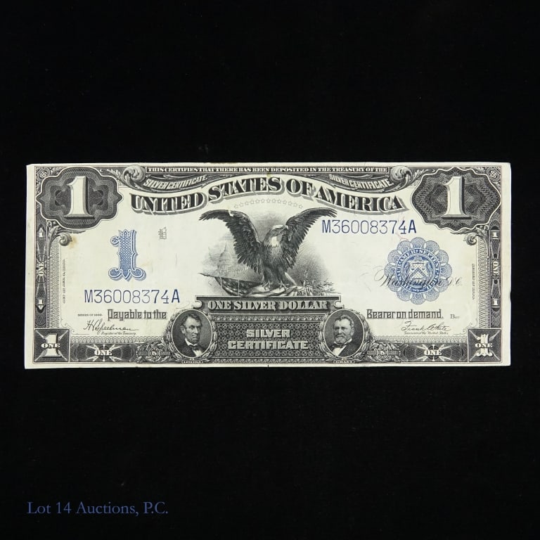 1899 USA $1 Silver Certif. Blue Shield LARGE NOTE: (F-236) United States $1 silver certificate - blue seal, date to right - large size with eagle of the capitol and small portraits of Abraham Lincoln and U. S. Grant. Popular "black eagle note". Signat